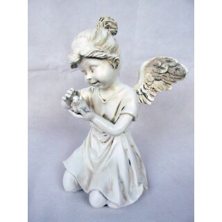 Kindlicher Engel mit Vögelchen in den Händen aus Kunststein für Garten und Haus