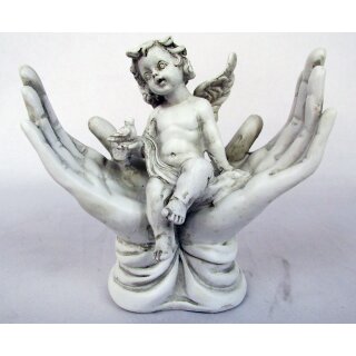 Engel auf der Hand mit Vögelchen. Figur für Haus und Garten aus Kunststein